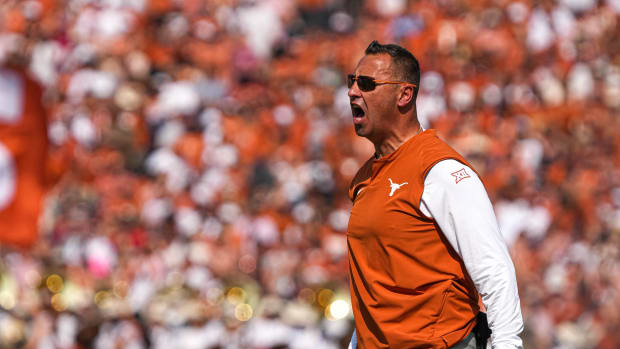 Dallas, Texas, USA: Texas Longhorns head coach Steve Sarkisian yells during the annual Red River Showdown against the Oklahoma Sooners at the Cotton Bowl.